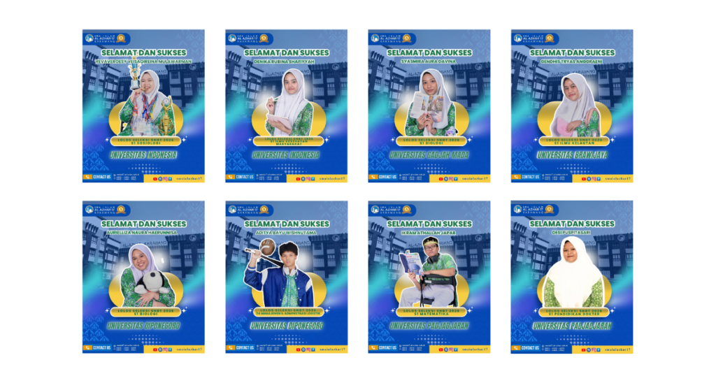 Banner pengumuman murid SMA Islam Al Azhar 17 Karawang lolos SNBT ke UI, UGM, UNPAD, UNDIP, dan UB.