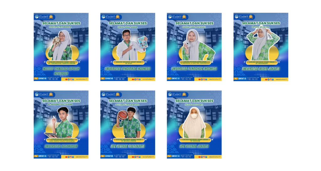 Infografis keberhasilan murid SMA Islam Al Azhar 17 Karawang lolos ke ITS, UPI, UNJ, UNHAS, dan UPN Veteran.